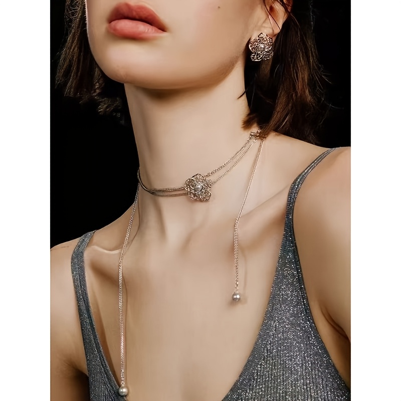 Women's Gray Bead Lace Flower Silvery Necklace, Exquisite Design