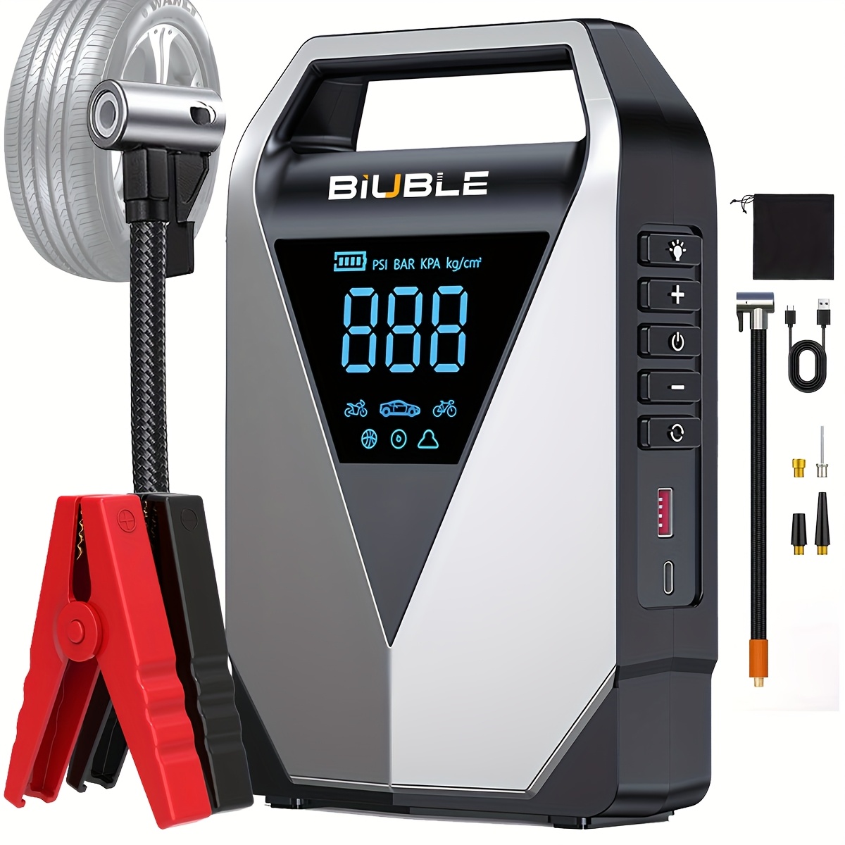 E-shop 8000A Auto-Starthilfe mit Luftkompressor, kabelloser Reifenaufpumper, Batterie-Booster mit Powerbank & LED-Taschenlampen, 12V-Autostarthilfe für