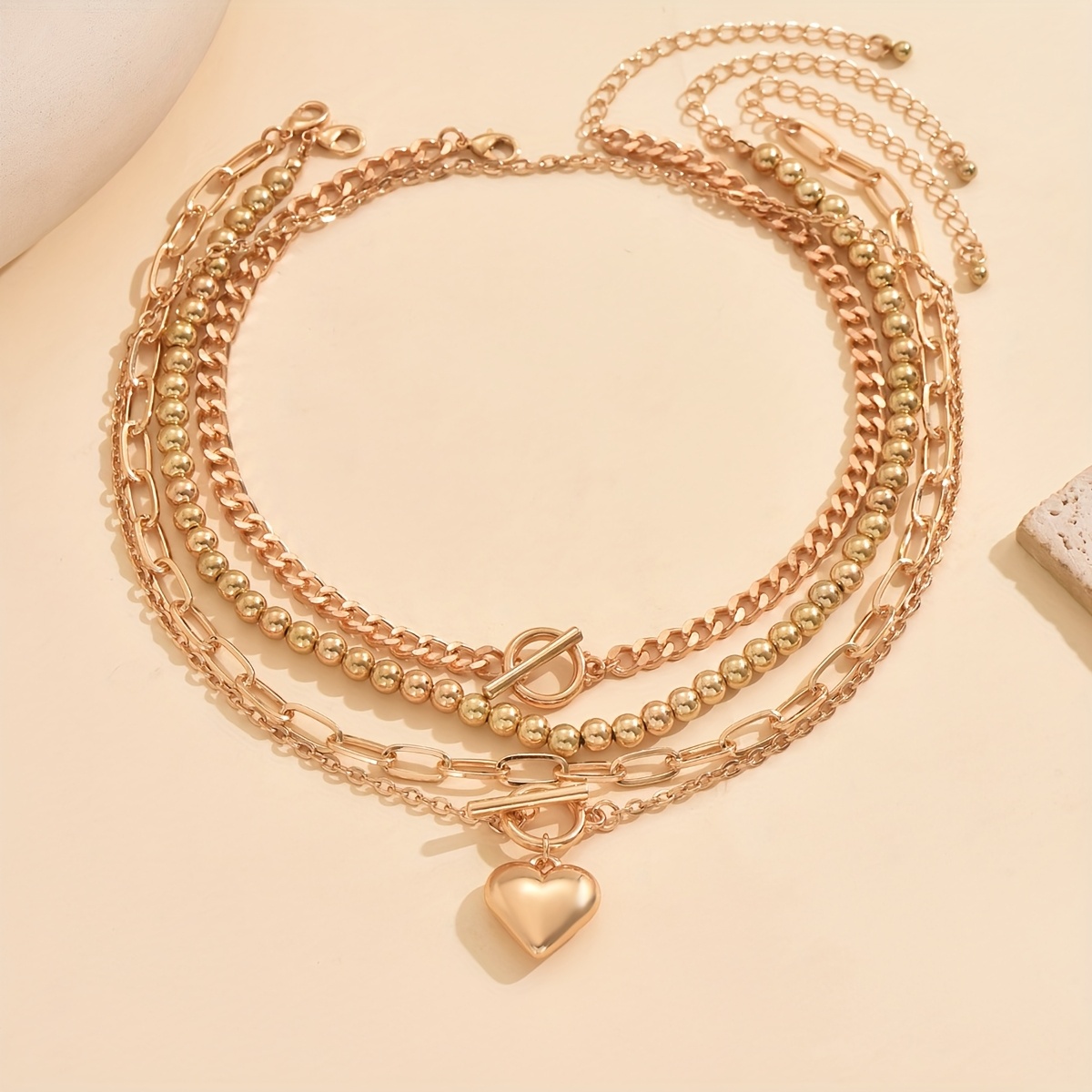 Image of 4pcs Everyday Layered Necklace Set Versatile Stacked Design With Beaded Curb Paperclip & Heart Chains Ideal For Daily Wear Photo Shoots