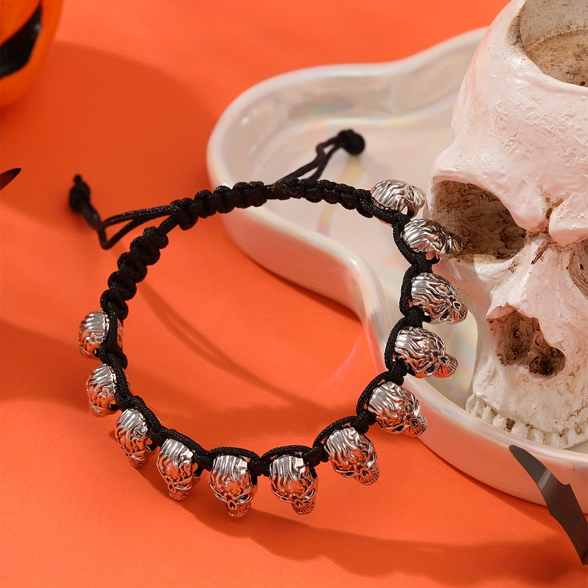 Gothic Skull Beaded Bracelet Polyester Wristband Halloween Accessory