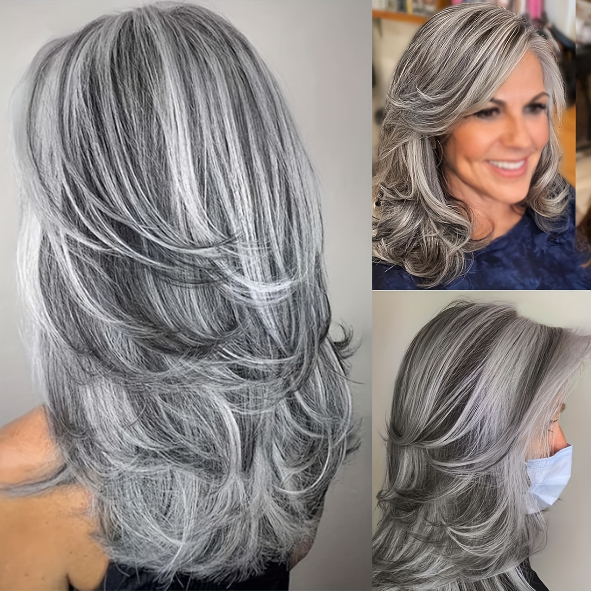 

Elegant 20-inch Grey Ombre Wig For Women - Highlighted Silvery, Curly Layered Synthetic Hair With Rose Net Cap, Perfect For Daily Wear & Parties Hair Accessories For Women Wigs For Women