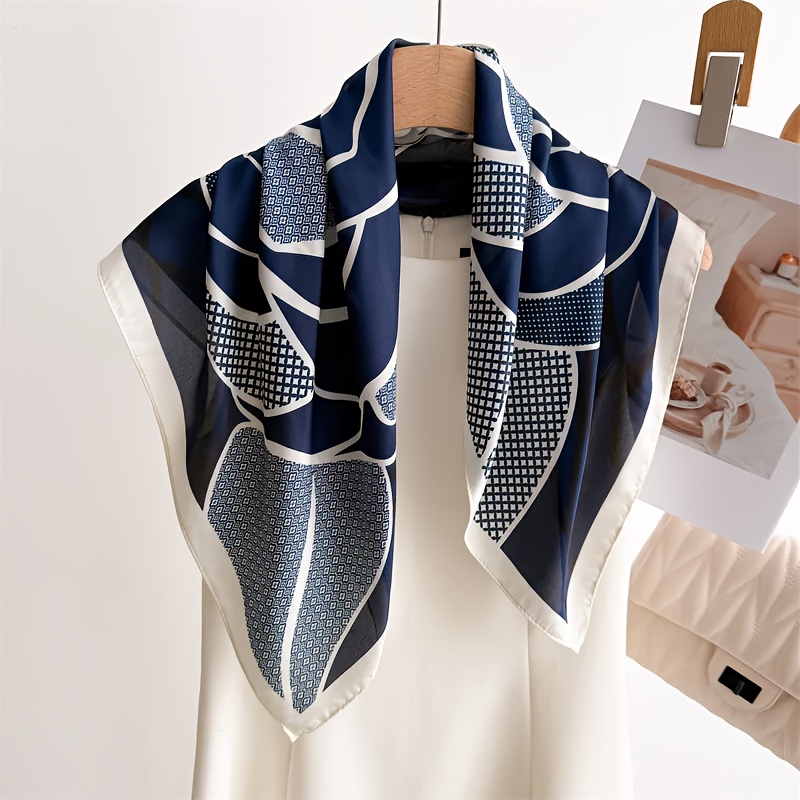 Image of Elegant Navy Blue Floral Pattern Square Scarf, Y Texture, Versatile Use, Women's Headscarf, Women's Scarf, Women's Shawl, Suitable For