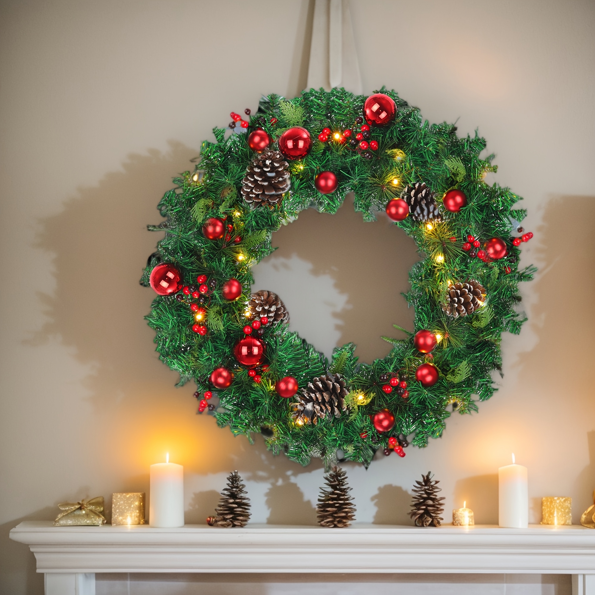 

Pre-lit Artificial Christmas Wreath, White Light 30, 8 Model, Decorated With Pine Cones, Berry And Frosted , Christmas Collection, 22", Battery Operated