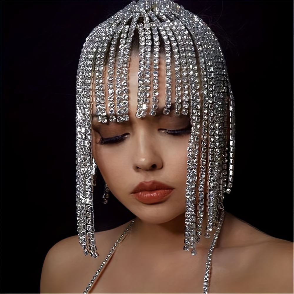 bohemian retro rhinestone headpiece exaggerated tassel hair accessory vintage ethnic style full sparkling rhinestone headwear for parties and weddings details 1