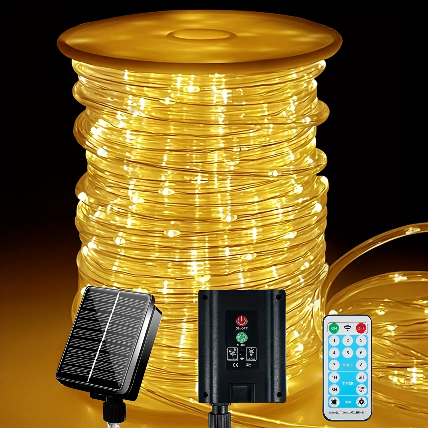 

196 Feet 600 Led Rope Lights With Remote Control, 60 Metres Long, Solar String Lights, 8 , Extra Long Lights With Timer, Solar Tube For Garden Deck, Patio, Pool, Weeding, Garden Decoration.