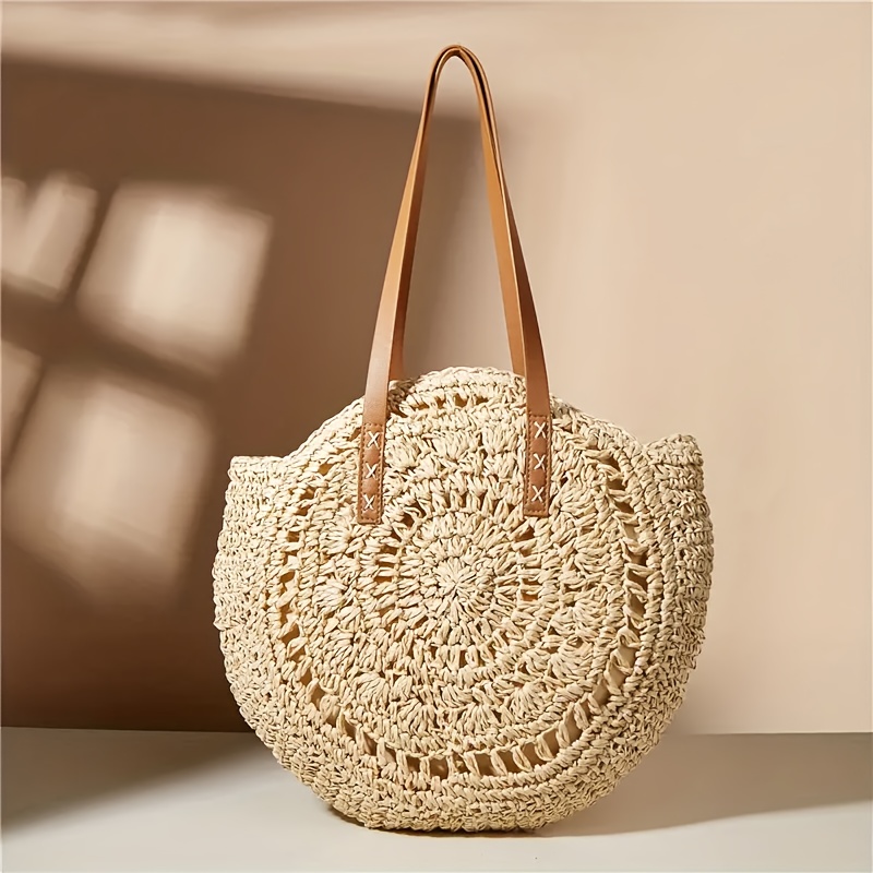 large capacity woven straw tote bag beige brown   beach vacations summer   and casual use beach tote bag elegant casual bag woven straw construction beach bag details 6