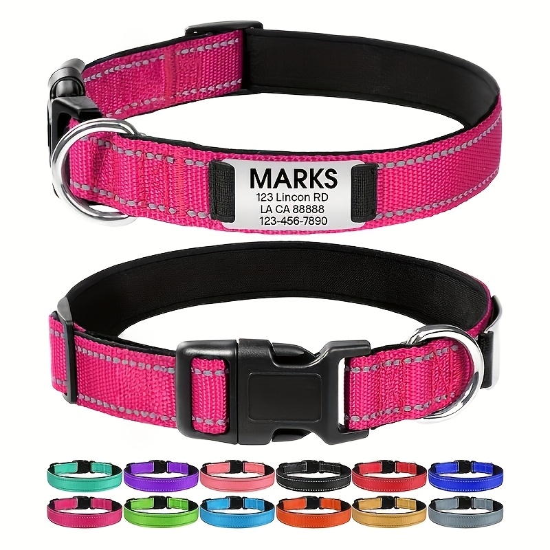 TEMU Personalized Reflective Dog Collar Equipped With Engraved Tags Suitable For Medium-sized Dogs Available In : Pink, Green, Yellow, Blue, Purple,