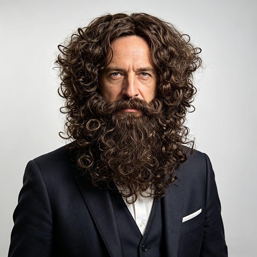 TEMU Men's Curly Wig And Beard Set, Old Movie Retro Wig Styling Prop, Halloween Party Cosplay Wig, Stage Performance Themed Party Costume Wig Set,