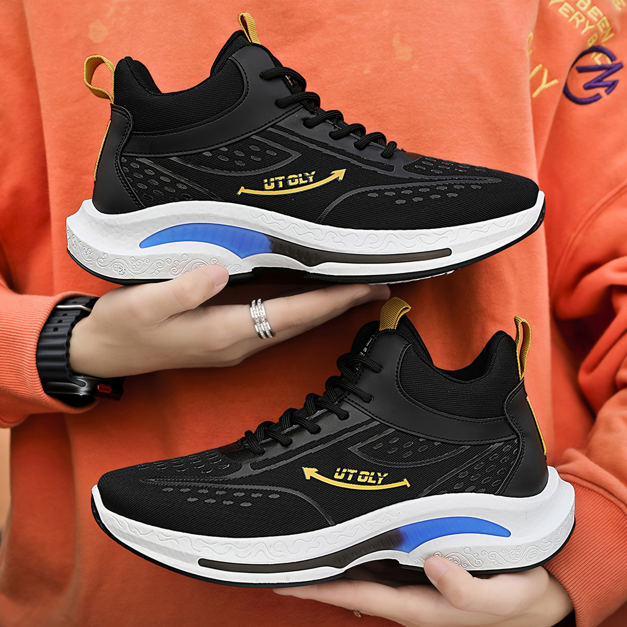 Tenis de basquetbol para hombres, con cuello alto, fabrica transpirable, suela de PVC antideslizante, diseño con cordones para uso casual y atlético, color negro con acentos amarillos, cómodos para todas las temporadas