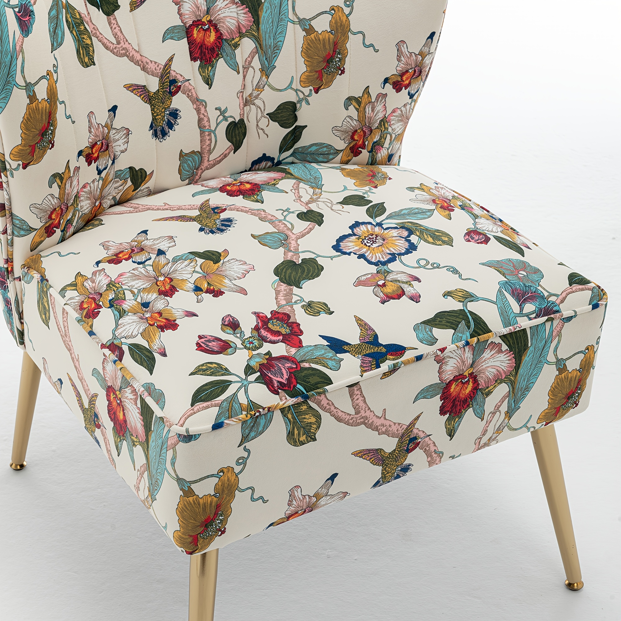 Armless Accent Chair with Golden Metal Legs, Modern Comfy Tufted Living Room Chair, Velvet Upholstered Floral Side Chair, Mid Century Slipper Chair for Bedroom, Flower Print