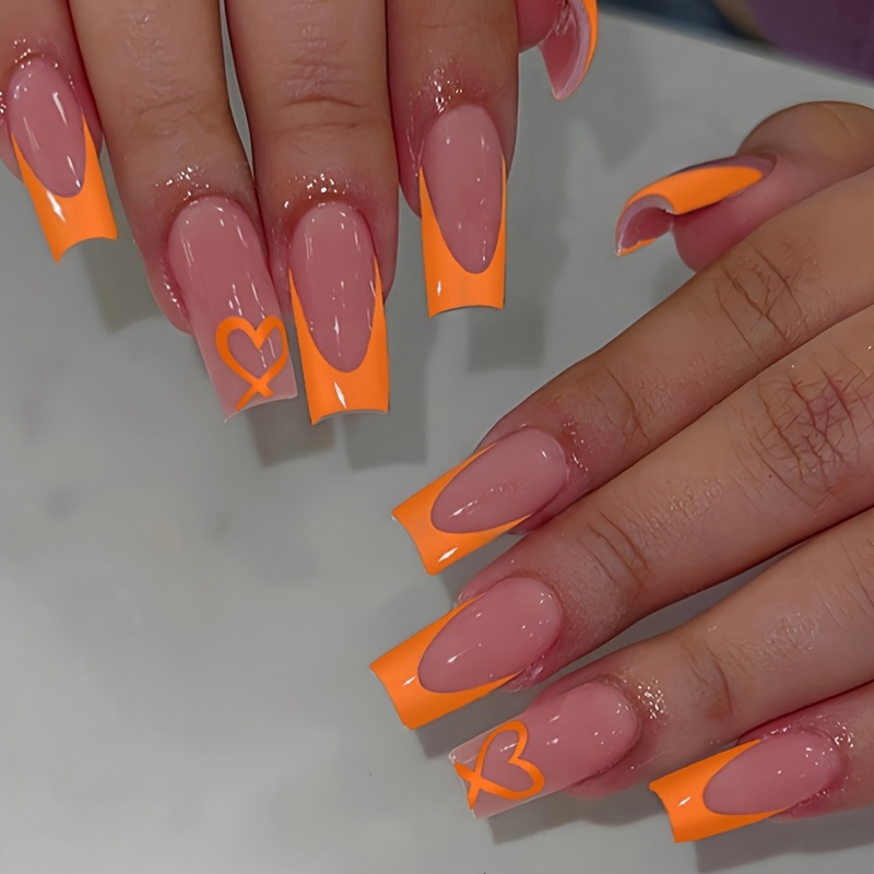 24pcs Medium Square Shape Press On Nails Xxl/xxxl Orange Nails Heart-shaped Design Full Cover Nails Suitable For Daily Wear And Party Use By Women And