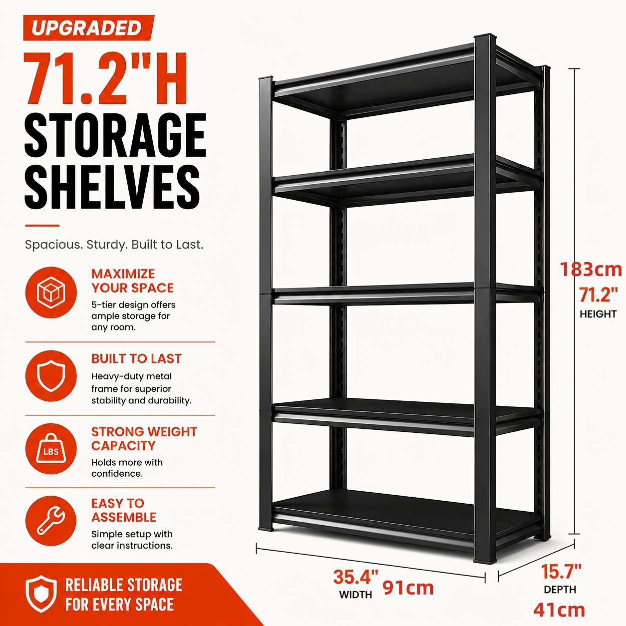 TEMU 183cm Heavy-duty Garage Shelving, 5-tier Adjustable Metal Storage Rack, 1350kg Load Capacity Industrial Shelving Unit, Boltless Assembly, Ideal