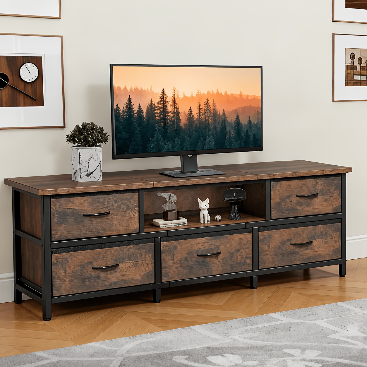 160cm Tv Cabinet With 5 Folding Drawers And Storage Shelf, Living Room Multi-functional Storage Unit, 160x35x55cm