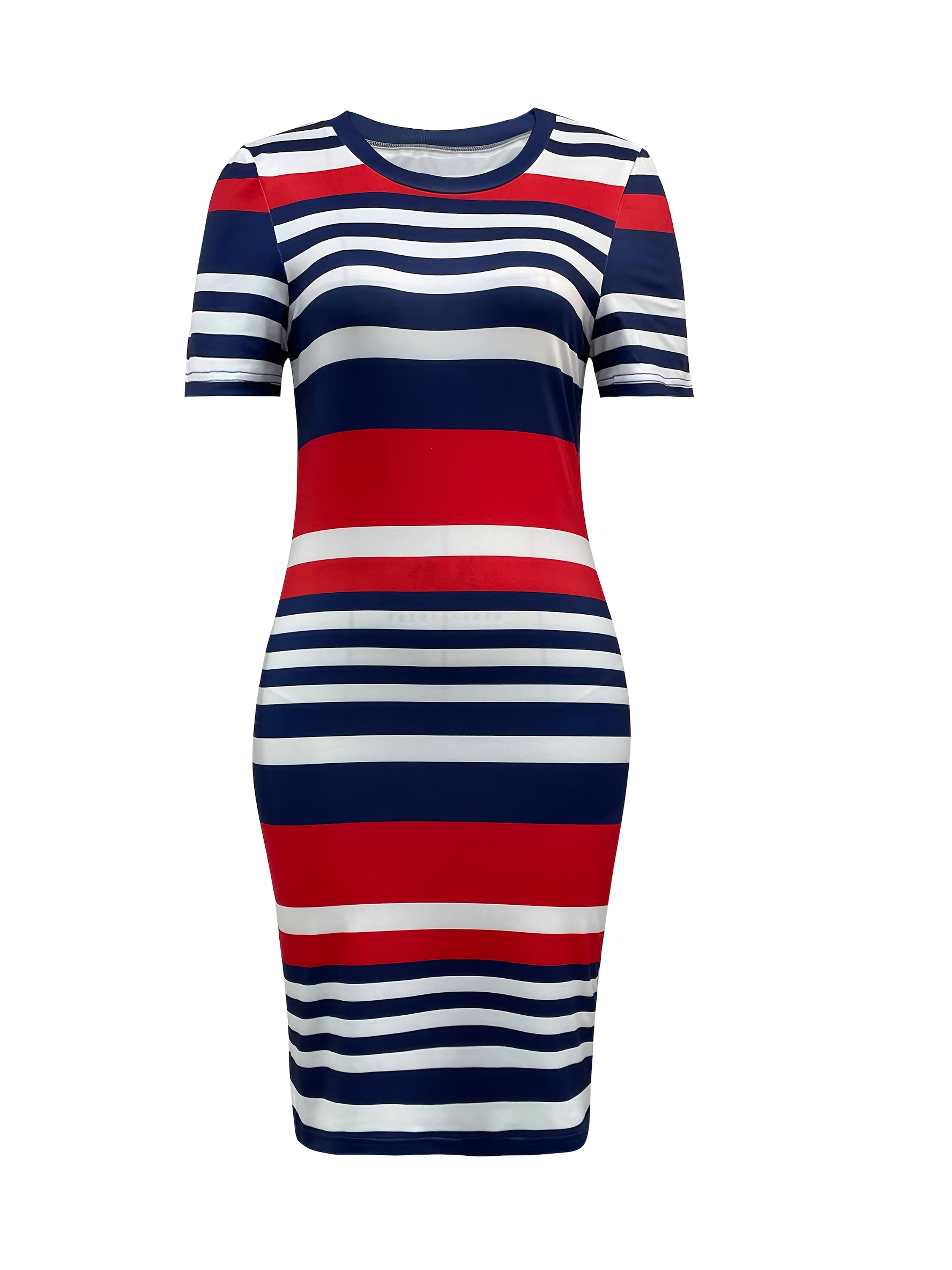 fitted lace wedding dress Darlene Swing Dress in Navy Blue and Red Stripe Print main image 1