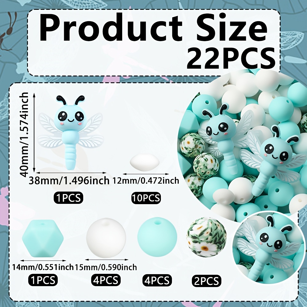 TEMU 22pcs New 2026 Cute Dragonfly 3d Silicone Beads Sky Blue With Design Perfect For Jewelry Making Pens Beaded Decorations Additions For Bracelets