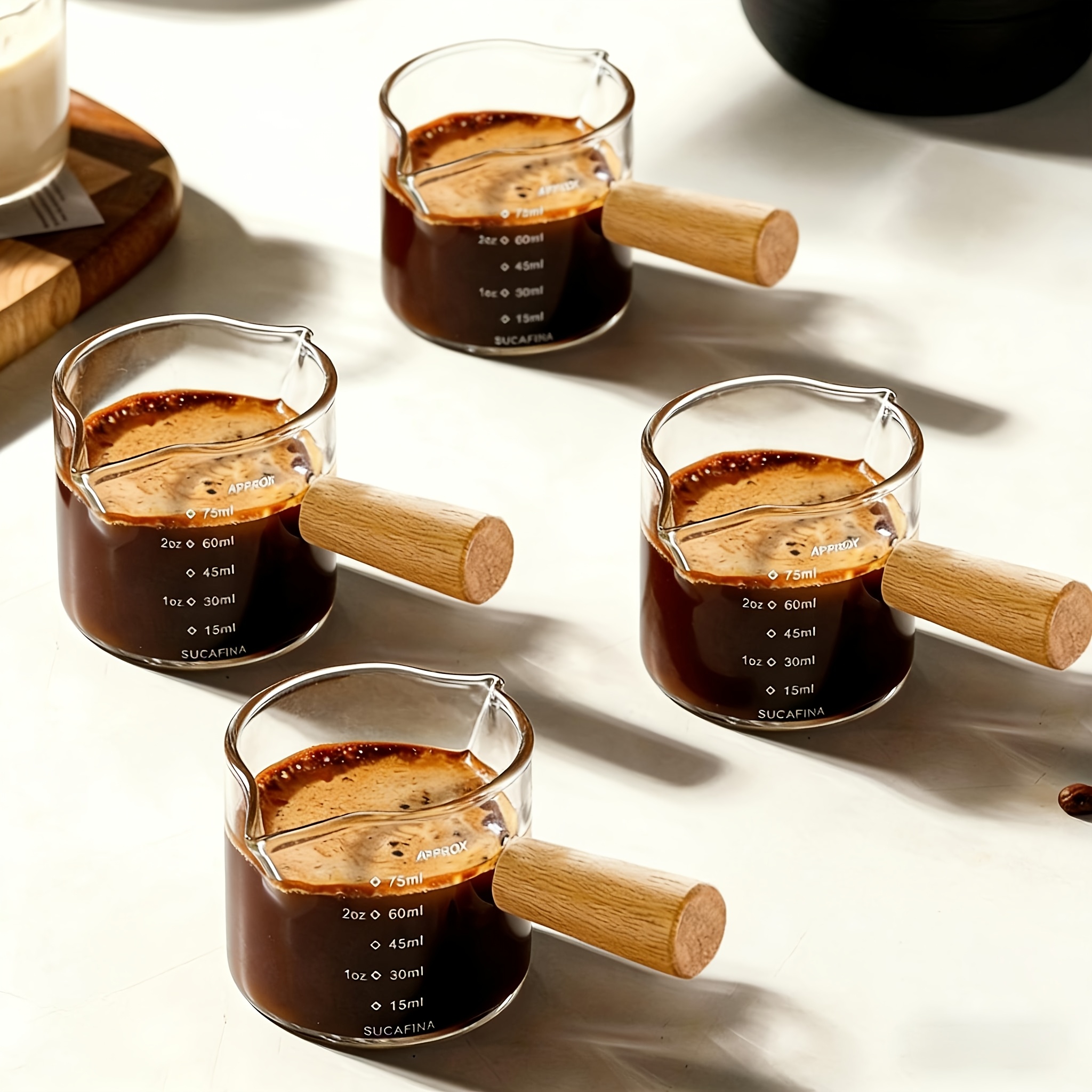 TEMU Juego de tazas de espresso con de madera, tazas de espresso de vidrio transparente con dos boquillas, jarra para espumar leche de triple medida