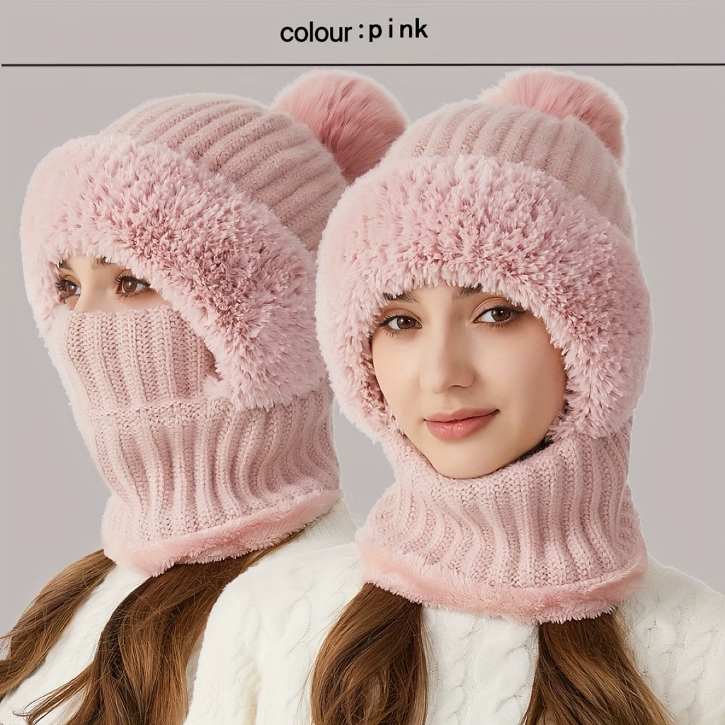 TEMU Fleece Lined Knitted Hat Ear Covers 3 In 1 Hat Scarf Set Windproof Warm Hooded Neck For Cycling