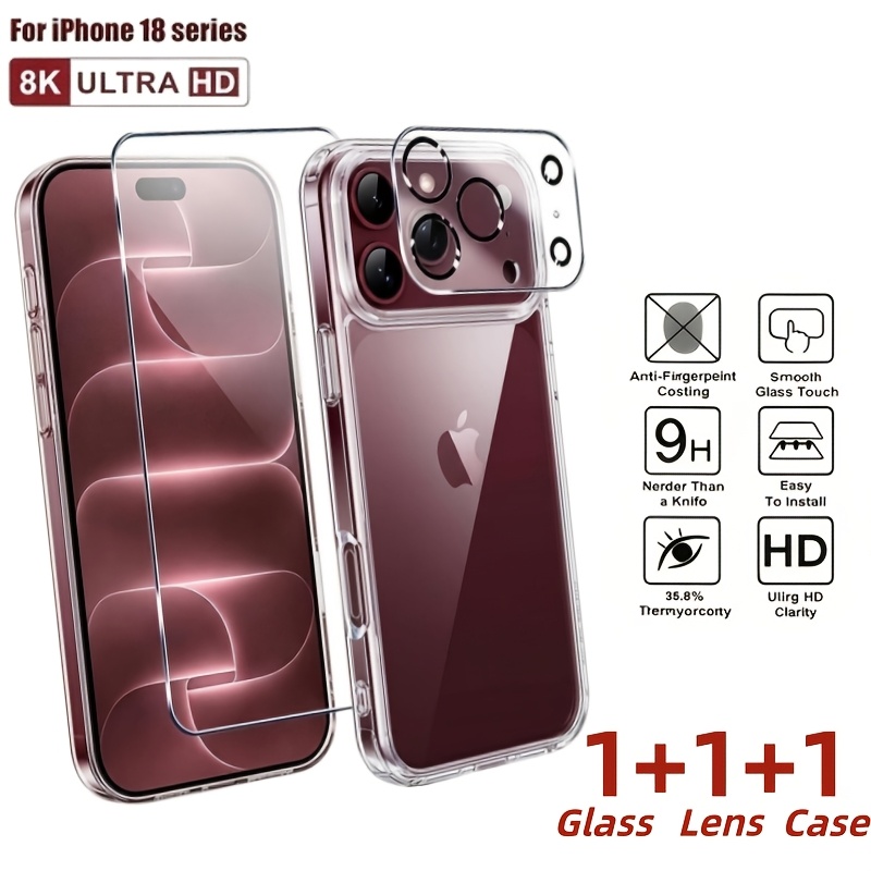 TEMU 3-in-1 1pc Tempered Glass And 1pc Phone Case And 1pc Camera Lens Protectors Compatible With For Iphone 18 Pro Max 18 Pro 17 Pro 15 14 13 Pro 9h+
