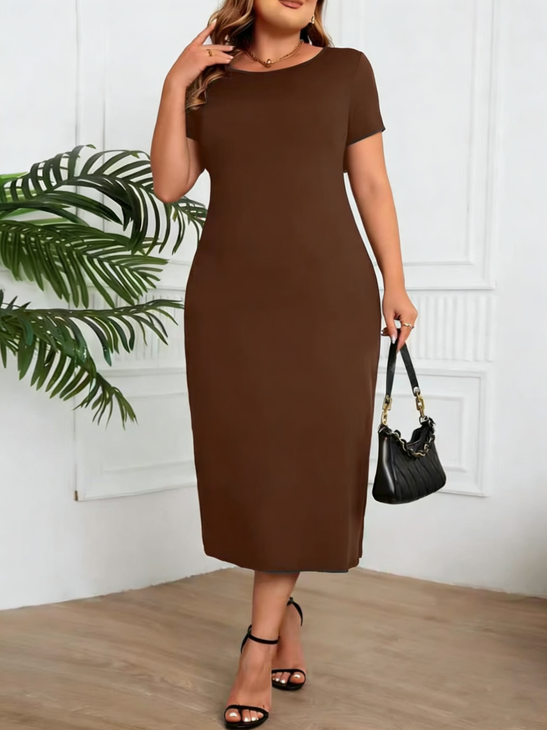 fitted lace wedding dress Final Sale Plus Size Midi Bodycon Dress with Waist in Brown Design main image 1