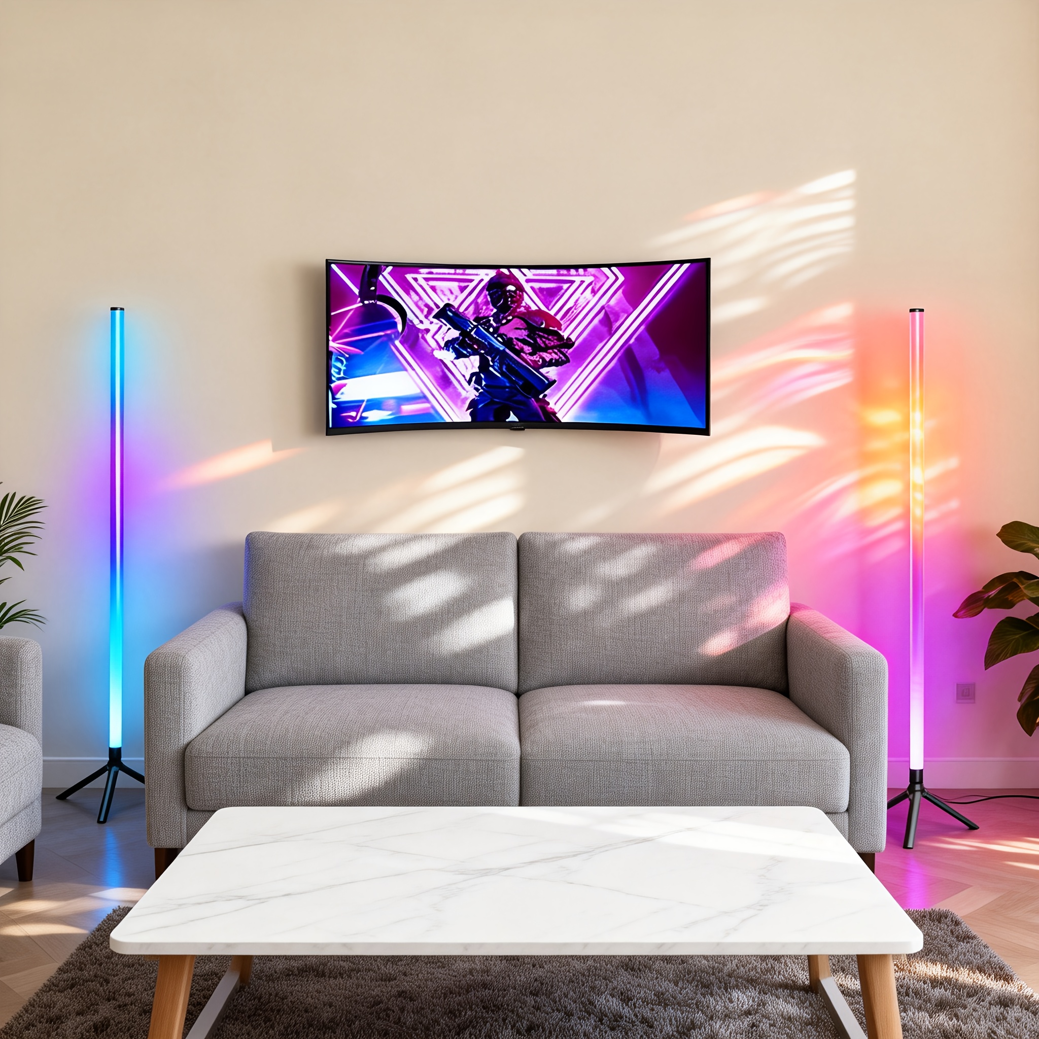 RGB Floor Lamp with Music Sync, 20 Dynamic Lighting Modes for Gaming Room & Content Creation, USB Powered Ambient Light for Modern Decor, Plug and Play Design
