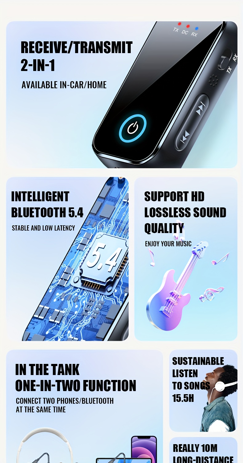 2-в-1 Bluetooth 5.4 Аудио Приемник Предавател, HiFi Стерео Безжичен Адаптер, 3.5mm AUX с Микрофон, Подходящ за Кола, Самолет, Телевизор, Компютър, Говорители