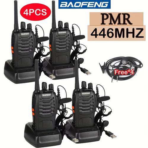صورة العنصر 4 قطع من أجهزة اتصال لاسلكي pmr 446mhz للبالغين bf-88e محمولة ومحمولة باليد. تُقدم 4 سماعات رأس و4 شواحن كهدايا. تتميز بمسافة اتصال طويلة، ومكبر صوت عالٍ وواضح، و16 قناة، وسهلة ومريحة في التشغيل. مناسبة للتزلج وصيد الأسماك وخدمة المطاعم وركوب الدراجات والصيد.