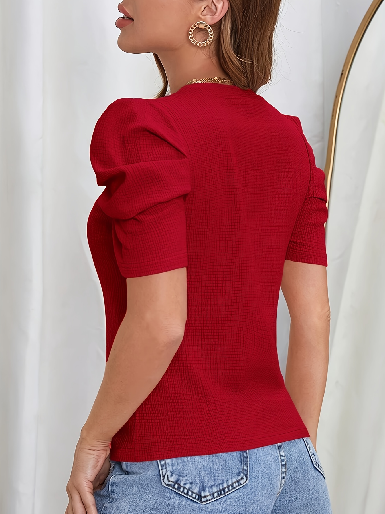 Women's Elegant Solid Color Short Sleeve T-Shirt with Puffed Sleeves & Ruffled Shoulders - Round Neck Regular Fit Machine Washable All-Season Versatile Top, Casual Wear, Decorative Shoulder Accessory, Nontransparent Material