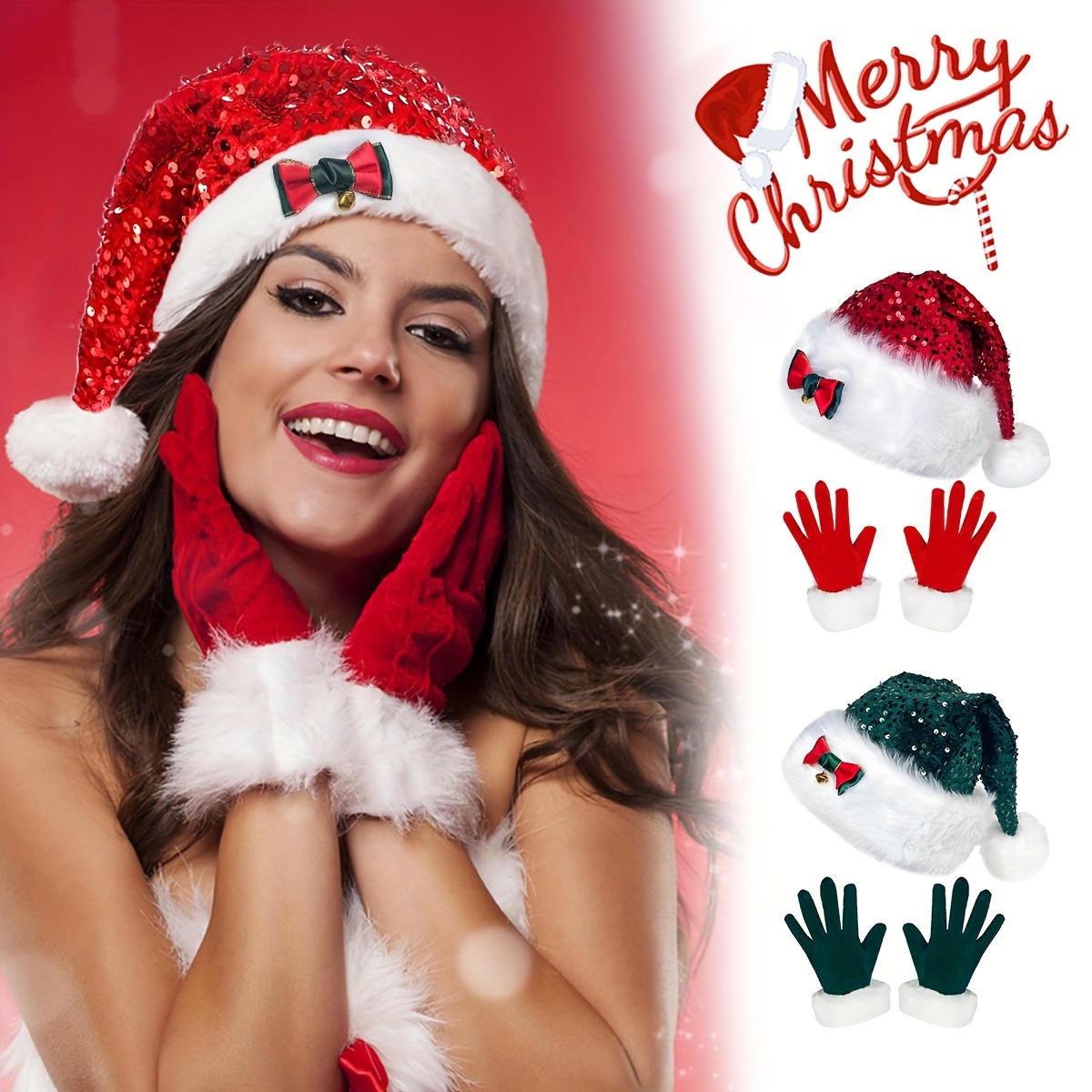 2 stuks/set Kerstmuts + Handschoenen Kerstfeest Benodigdheden Set Bel Strik Kerstmuts Velvet Handschoenen