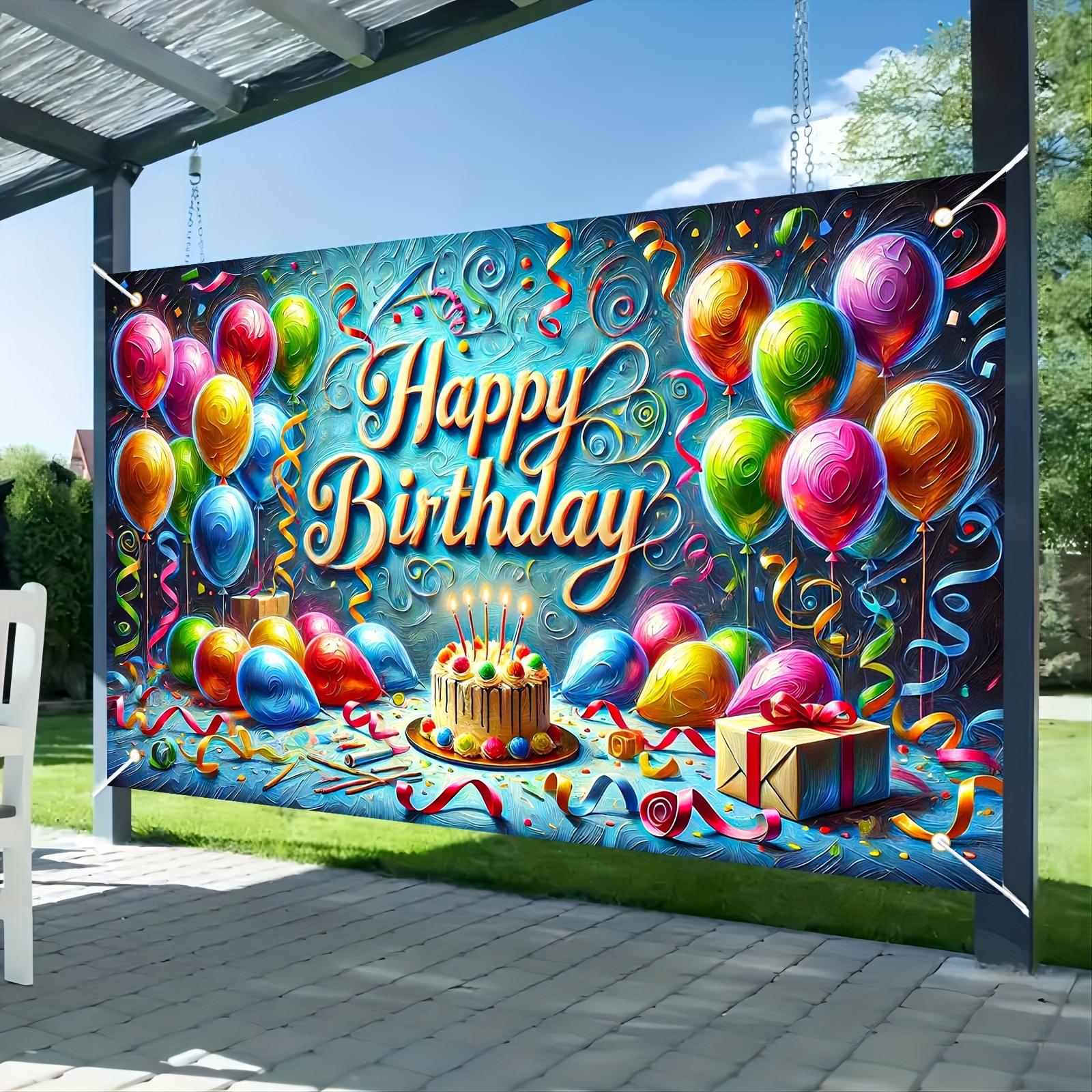 

Happy Birthday Party Banner - 71x43" Polyester Outdoor Decoration With Balloons & Gifts Design, No Power Needed