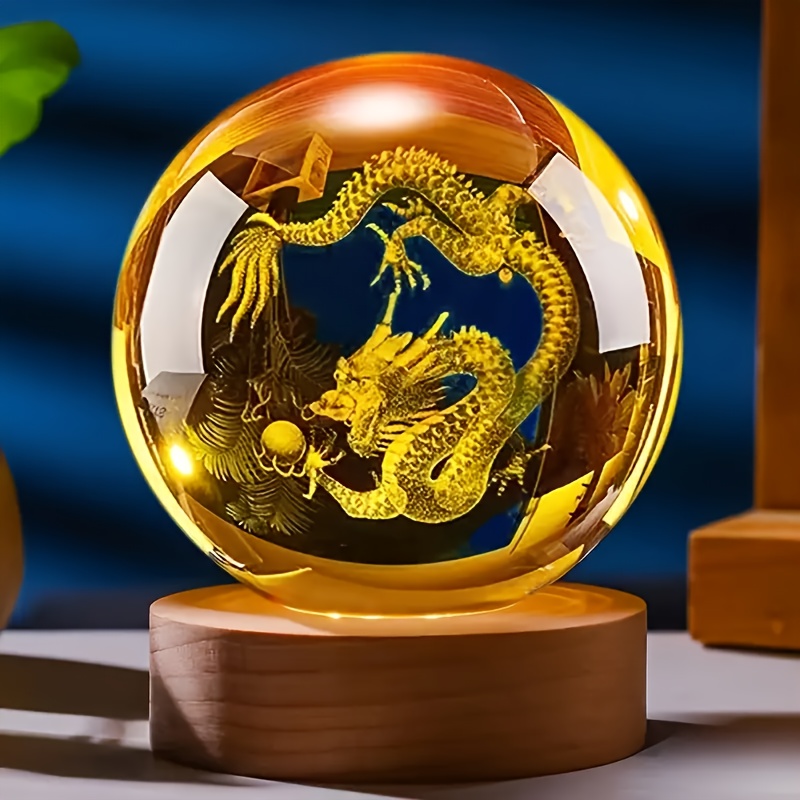 

3d Ball Night Light With Wooden Stand - Artistic Glass Sphere Desk Decor, Usb Powered, Perfect Gift For Men, Women & Dragon Enthusiasts