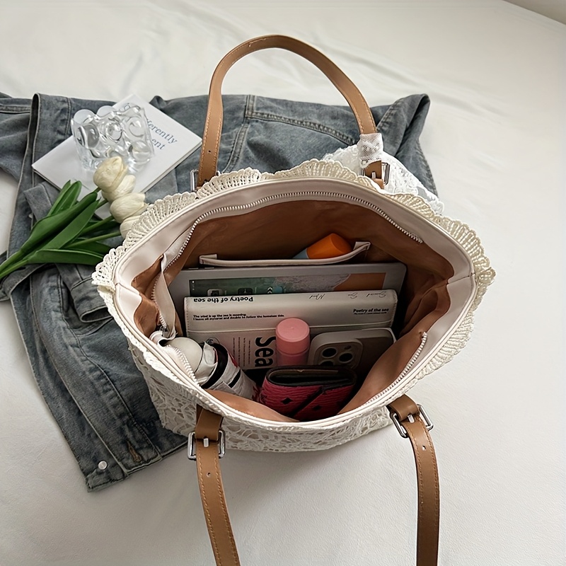 Lace Large Capacity Tote Bag, New Summer Trendy Style with Scarf Gift, Contrast Color Women's Fresh Artistic Handbag