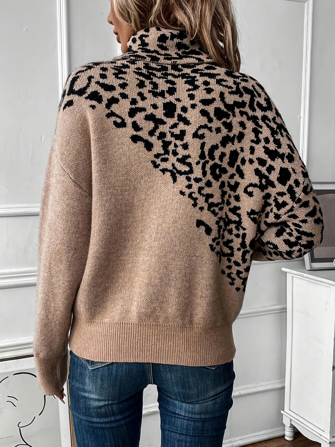 womens leopard print high neck drop shoulder sleeve sweater Temu