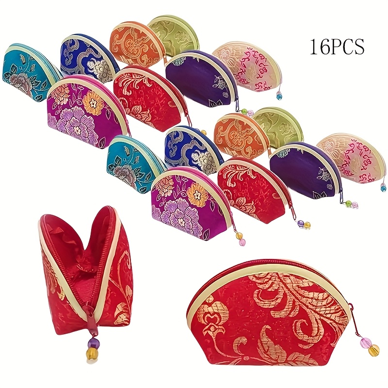 TEMU Set da 16 pezzi di pochette con cerniera ricamate cinesi, adatte per gioielli, portamonete e sacchetti regalo