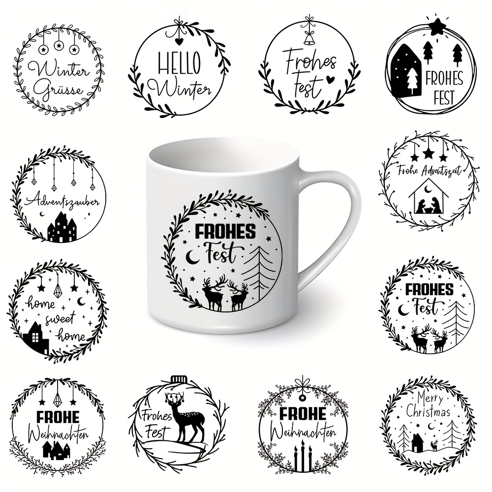 12pcs German Winter Theme Uv Transfer Sticker Kit - Christmas Quote Design, Self-adhesive Decals For Mugs, Bottles & Laptops