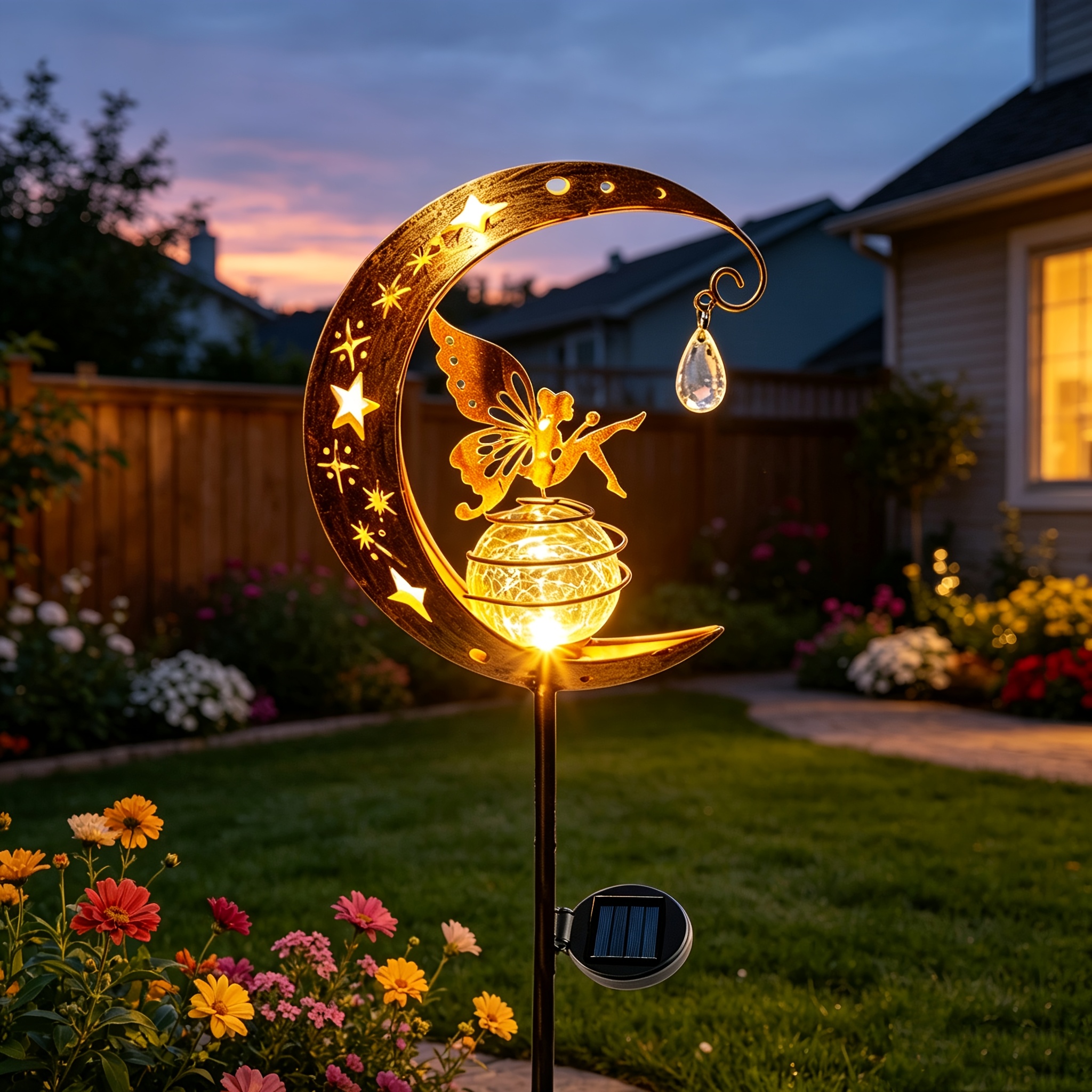 Solar Moon Fairy Statue Light For Outdoor Patio, Elf Solar Garden Stake Light With Cracked Glass & Metal Stake, Warm White LED, Decor For Pathway Lawn Patio Yard Backyard, Christmas Halloween Decor, Moon Gift