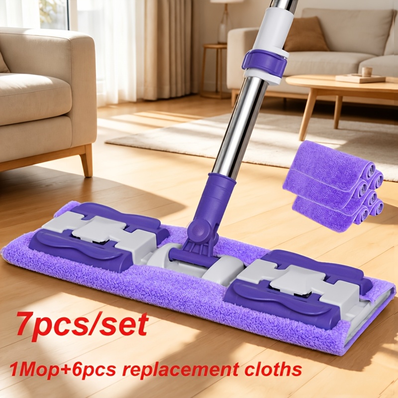 TEMU 7pcs [1 Mop + 6 Replacement Cloths] Household Flat Clamp Mop With 360-degree Rotating Head, Reusable Microfiber Cleaning Mop For Multi-surface
