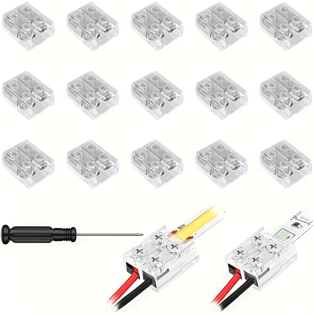 Image of 15 Packs Of 2-pin 10mm Led Strip Light Connectors, Transparent, Seamless, Solderless Connectors For Led Strips To Wire, Includes Screwdriver, Suitable For Cob And Smd Monochrome Led Strips