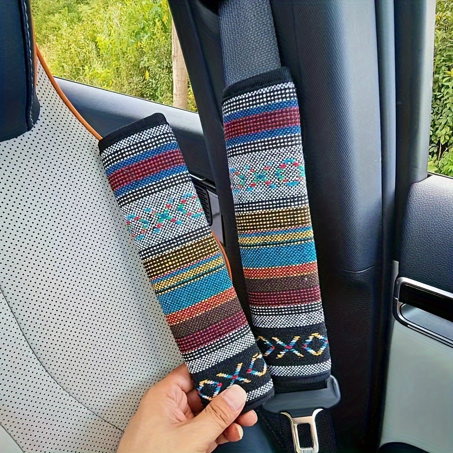 TEMU 2pcs Universal Car Interior Seat Belt Shoulder Strap Printed Pattern Random Ethnic Style Linen Protective Shoulder Pad Pair