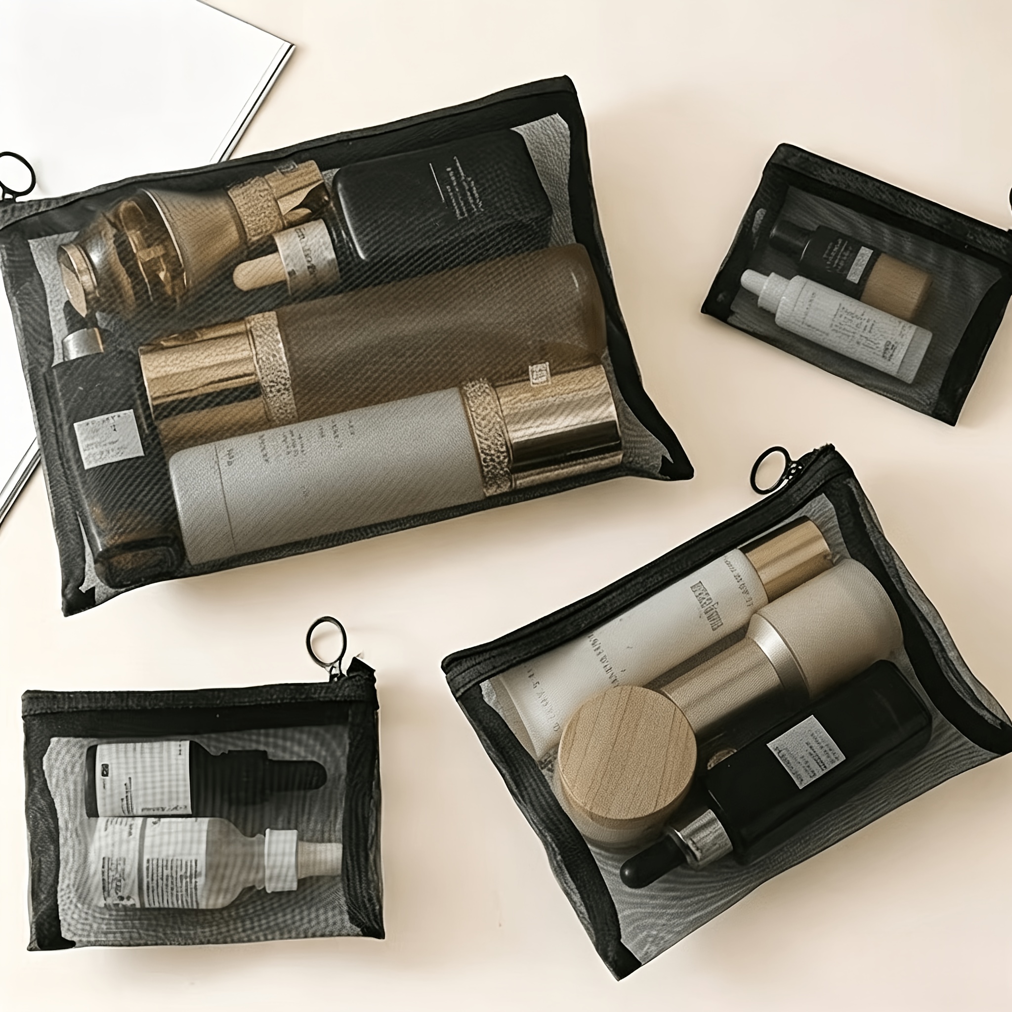 4pcs Transparent Mesh Cosmetic Bags, Easy Portable Large Capacity Storage Bags, Toiletry Hollow-out Design