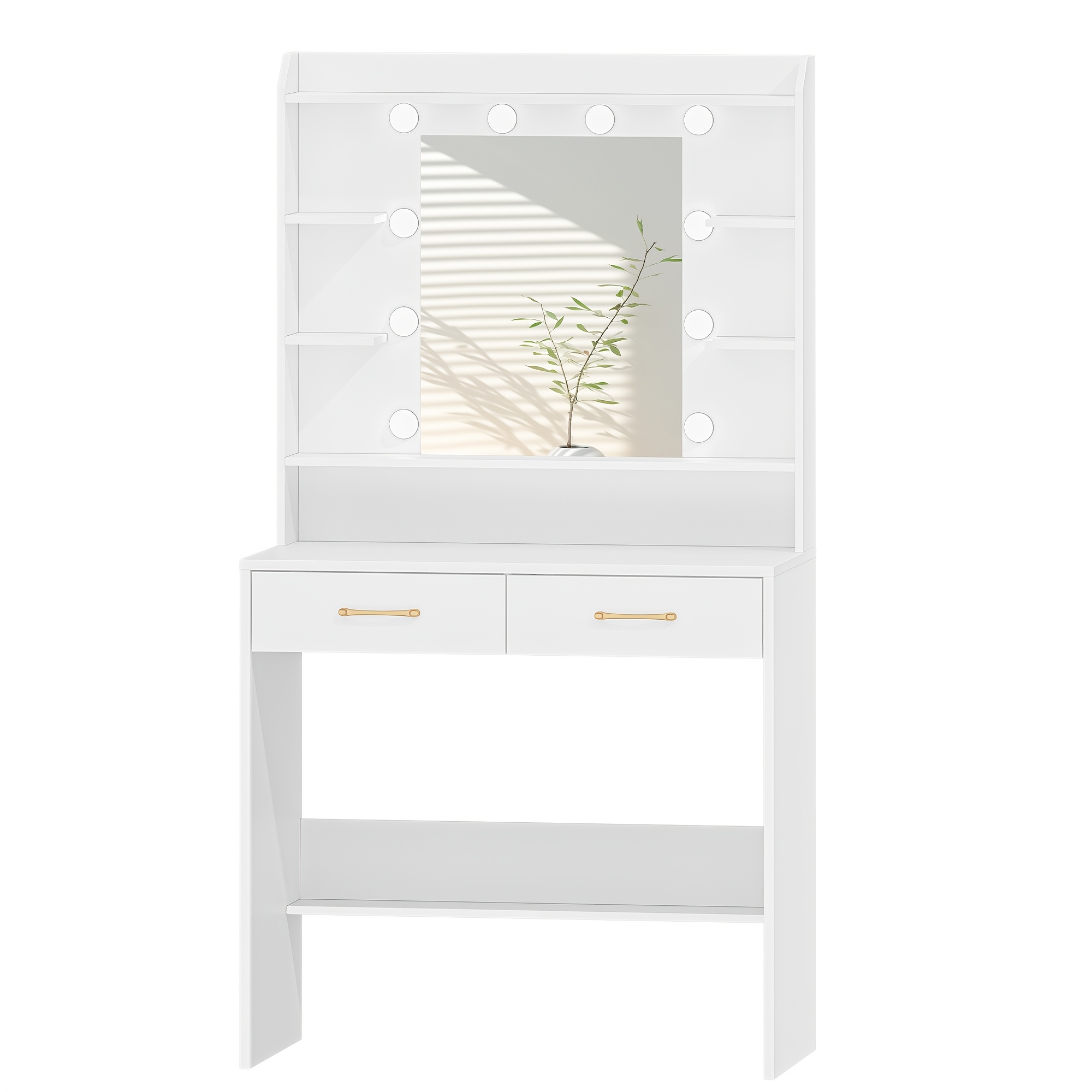 E-shop Schminktisch mit Spiegel, Schminktisch mit Regalen und 2 Schubladen, für Schlafzimmer, Wohnzimmer, Einstellbare Helligkeit, 40 X 80 X 149 Cm,