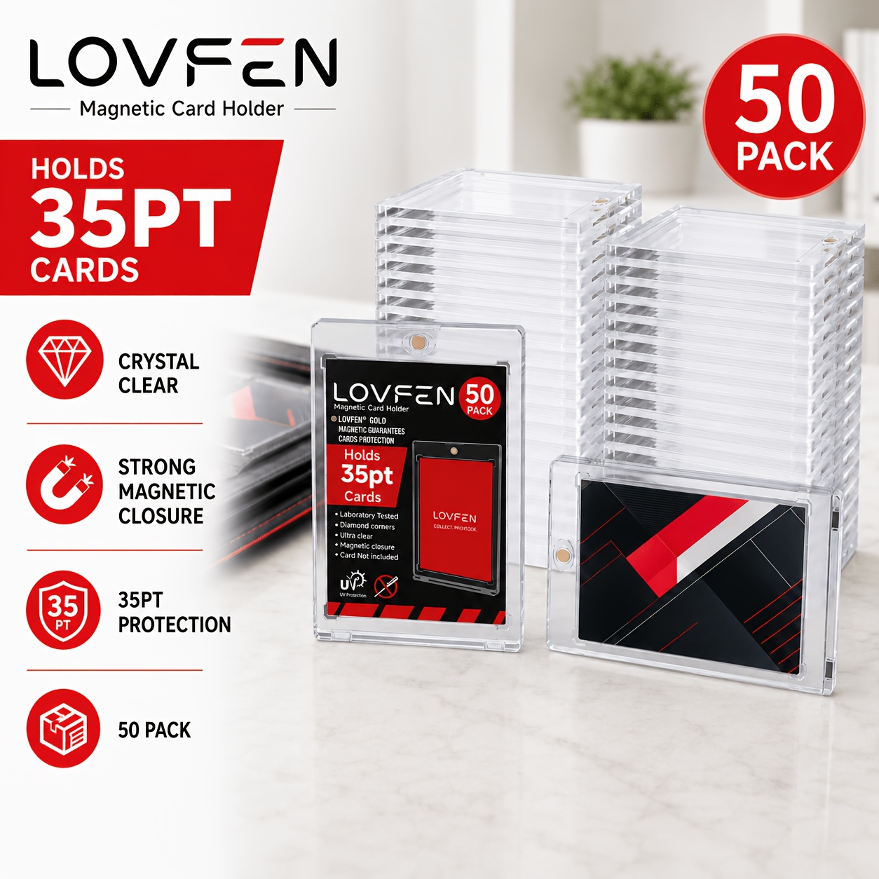 Image of Lovfen 50-count Magnetic Card Holders, 35pt Holders, Hard Plastic Card Protectors, Magnetic Card Boxes For Sports Cards, Baseball Cards, Trading Cards, Standard Card Display Boxes