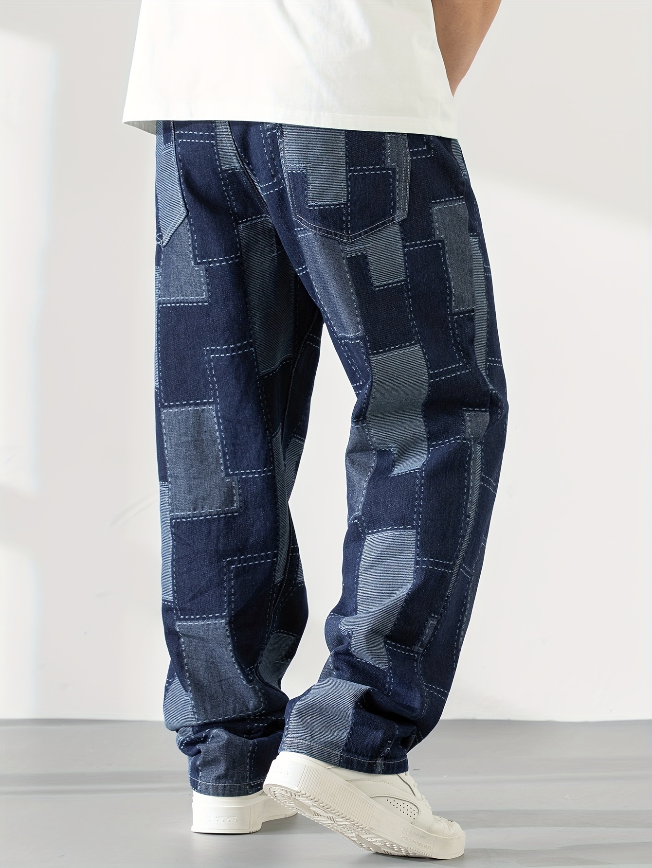 Men's Casual Checkered Straight-Leg Denim Pants - Loose Fit, Blend, Geometric Pattern, All-Season Wear, PLUS SIZE