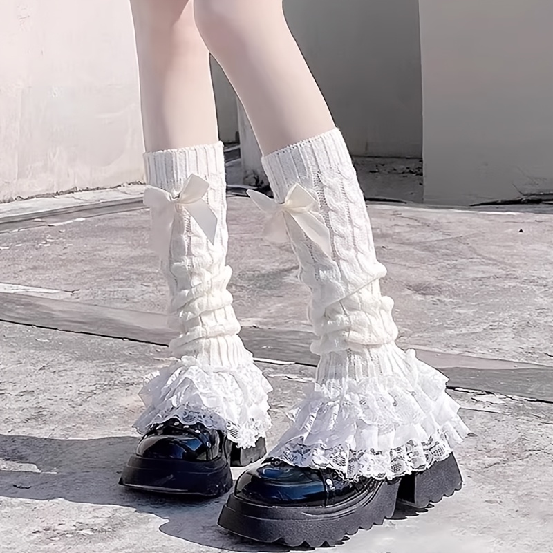TEMU 1 Pair Youth Autumn Winter Warm Comfortable Knit Lace Trim Wide Leg Socks Teenager' Color Cute Bow Twist Cable Casual Shopping Matching