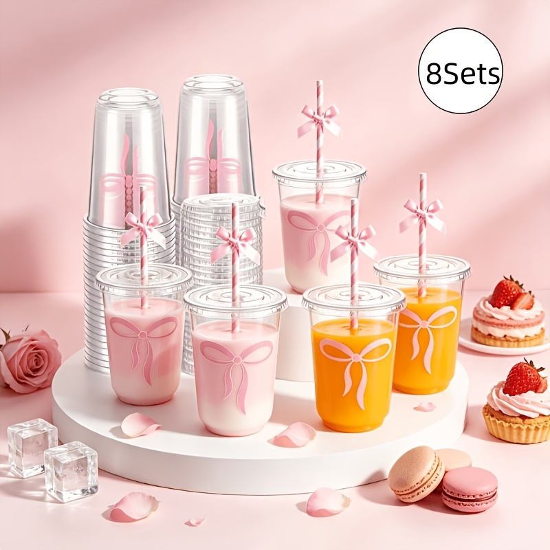 TEMU 24pcs Plastic Bow Cups, Cute Pink Bow Cups Including 8pcs Cups, 8pcs Lids, And 8pcs Straws, Birthday Party Decorations With Lids And Straws,