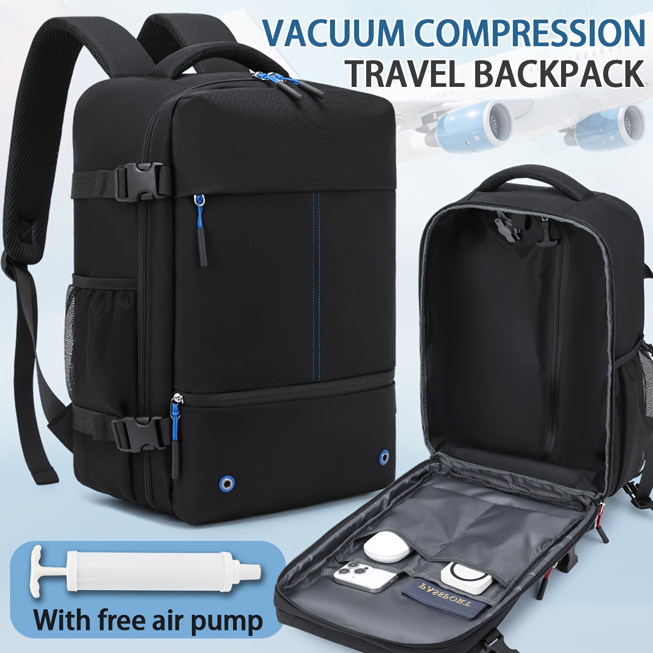 TEMU Vacuum Compression Expandable Storage Backpack, Hiking Backpack, Commuter Computer Bag For Office Workers, Air Travel Organizer Bag
