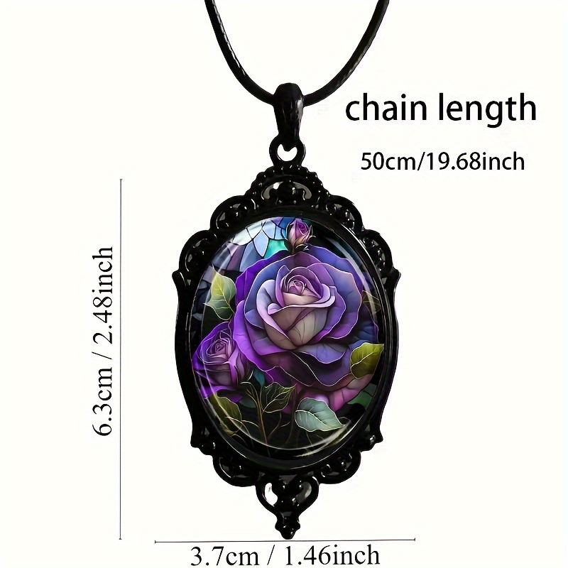 1pc fashion elegant flower pattern black frame glass pendant chain necklace romantic jewelry gift details 3