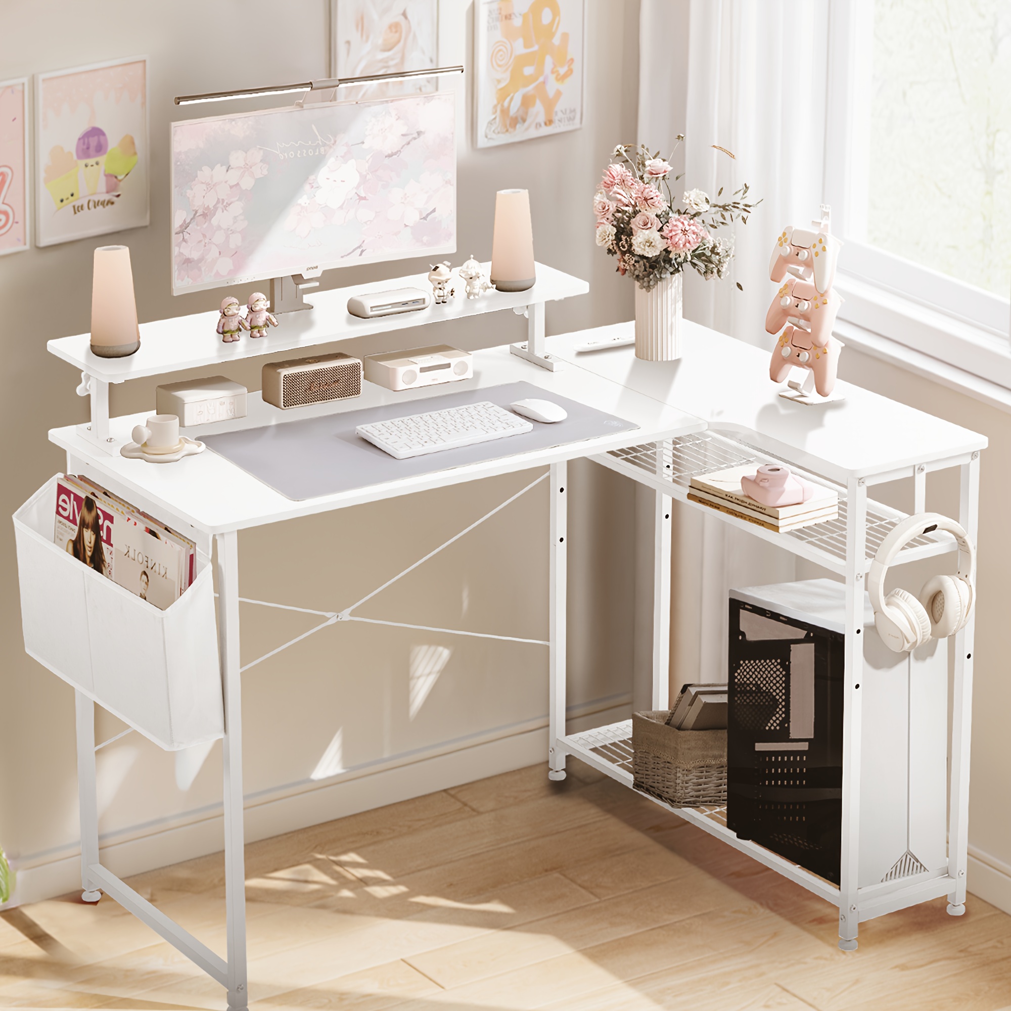 A Computer Desk With A Cute Cat Theme Accessory, Built-in Monitor Stand And Side Storage Space - Designed For Home Office And Computer Entertainment, Sturdy , 43 Inches