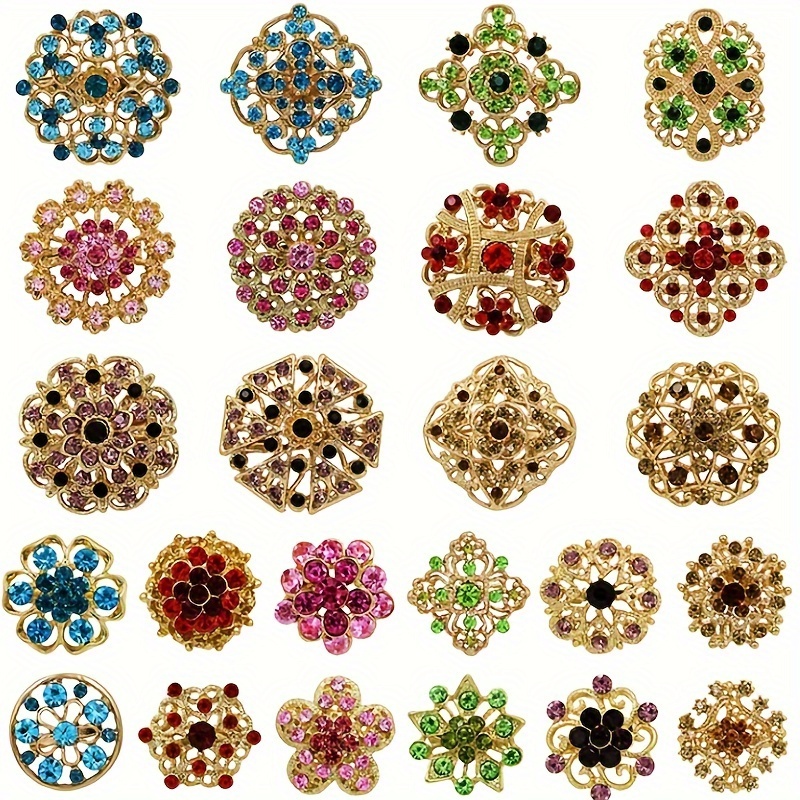 

24 Pcs Mixed Color Rhinestone Crystal Flower Brooch, Rhinestone, Fashionable Decorative Accessories