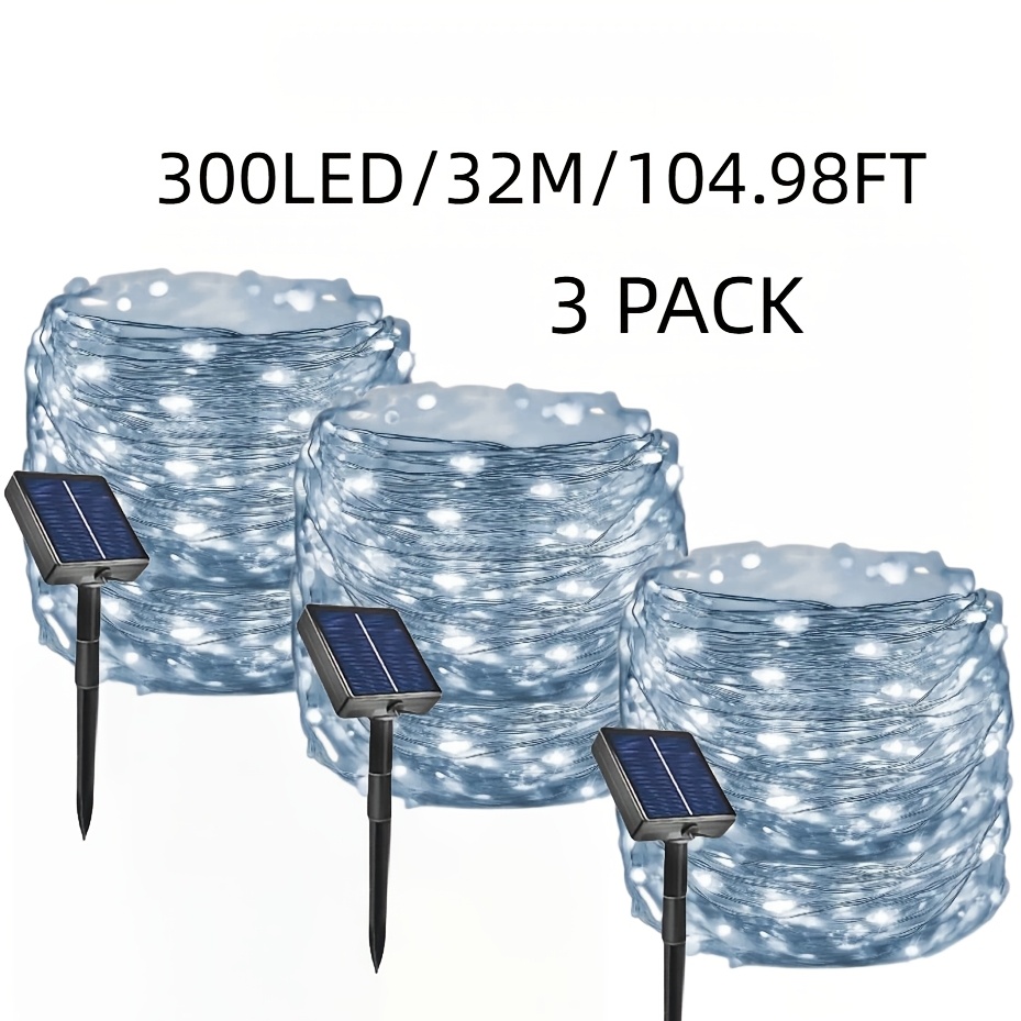 TEMU Lot de 3 guirlandes lumineuses solaires à LED, 50 pièces 100 pièces 200 pièces 300 pièces de perles LED, lumières décoratives d'extérieur pour
