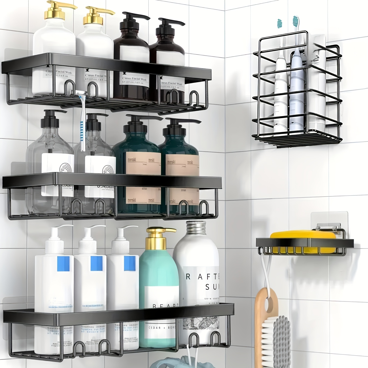 TEMU 5pcs Large Capacity Shower Caddy Wall-mounted Bathroom Shelf - Heavy-duty Rustproof 304 Stainless Steel No Drill Installation Suitable For